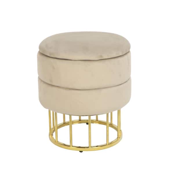 Round Ottoman Foot Rest Stool, Small Fabric Footstool With Non-Skid Wood  Legs, Beige