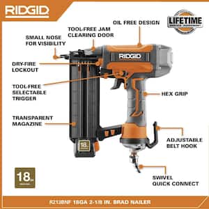 Pneumatic 18-Gauge 2-1/8 in. Brad Nailer with CLEAN DRIVE Technology, Tool Bag, and Sample Nails