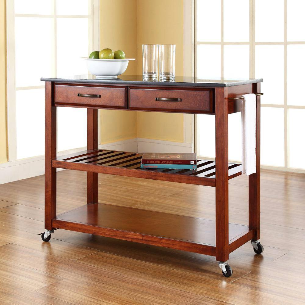 Cherry Wood Kitchen Cart with Black Granite Top and Wine Rack