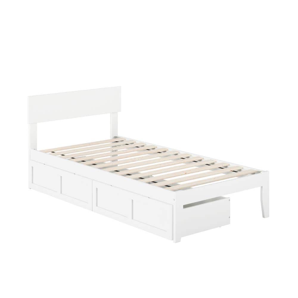White Twin Wood Platform Bed with Storage Drawers and Upholstered Headboard