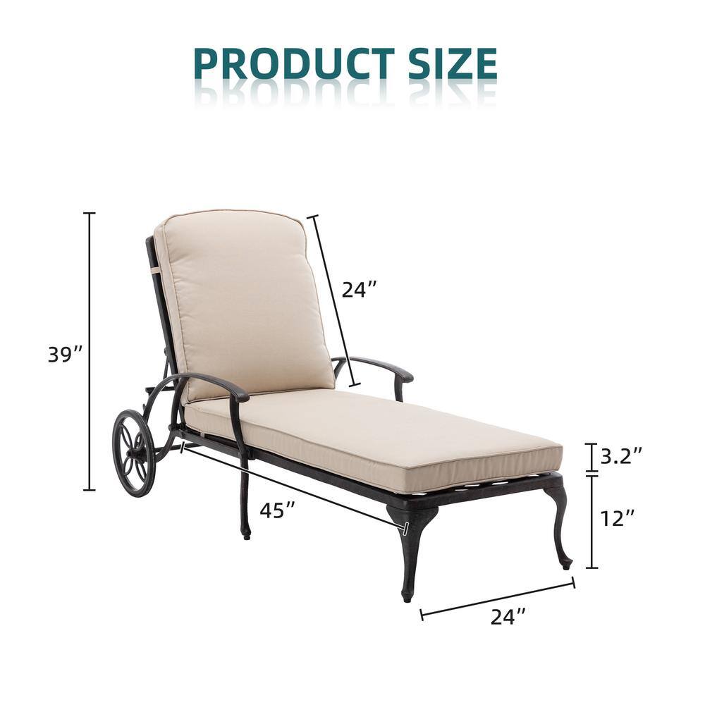 Beige Cushioned Cast Aluminum Chaise Lounge with Arms