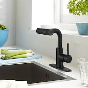 Waterfall Single Handle Pull Down Bar Faucet with 3-Modes Sprayer and Deckplate in Matte Black