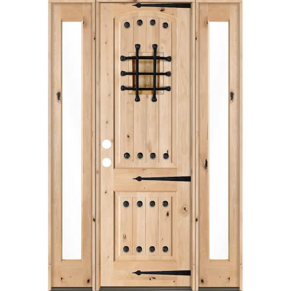 Krosswood Doors 58 in. x 96 in. Mediterranean Unfinished Knotty Alder Arch Right-Hand Full Sidelites Clear Glass Prehung Front Door