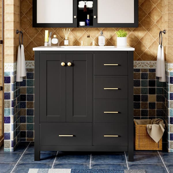 EPOWP 30 in. W x 18.3 in. D x 33.8 in. H Single Sink Freestanding Bath Vanity in Black with White Resin Top and Storage
