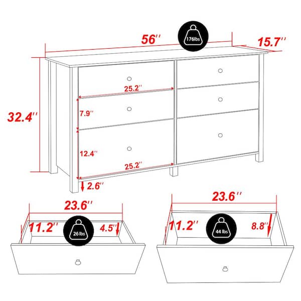 VEIKOUS White 6-Drawer Chest of Drawers Long Storage Dresser with 2-Oversized Drawers (56 in. W x 32.4 in. H) HP0202-06WH1-N - The Home Depot VEIKOUS White 6-Drawer Chest of Drawers Long Storage Dresser with 2-Oversized Drawers (56 in. W x 32.4 in. H) HP0202-06WH1-N - The Home Depot