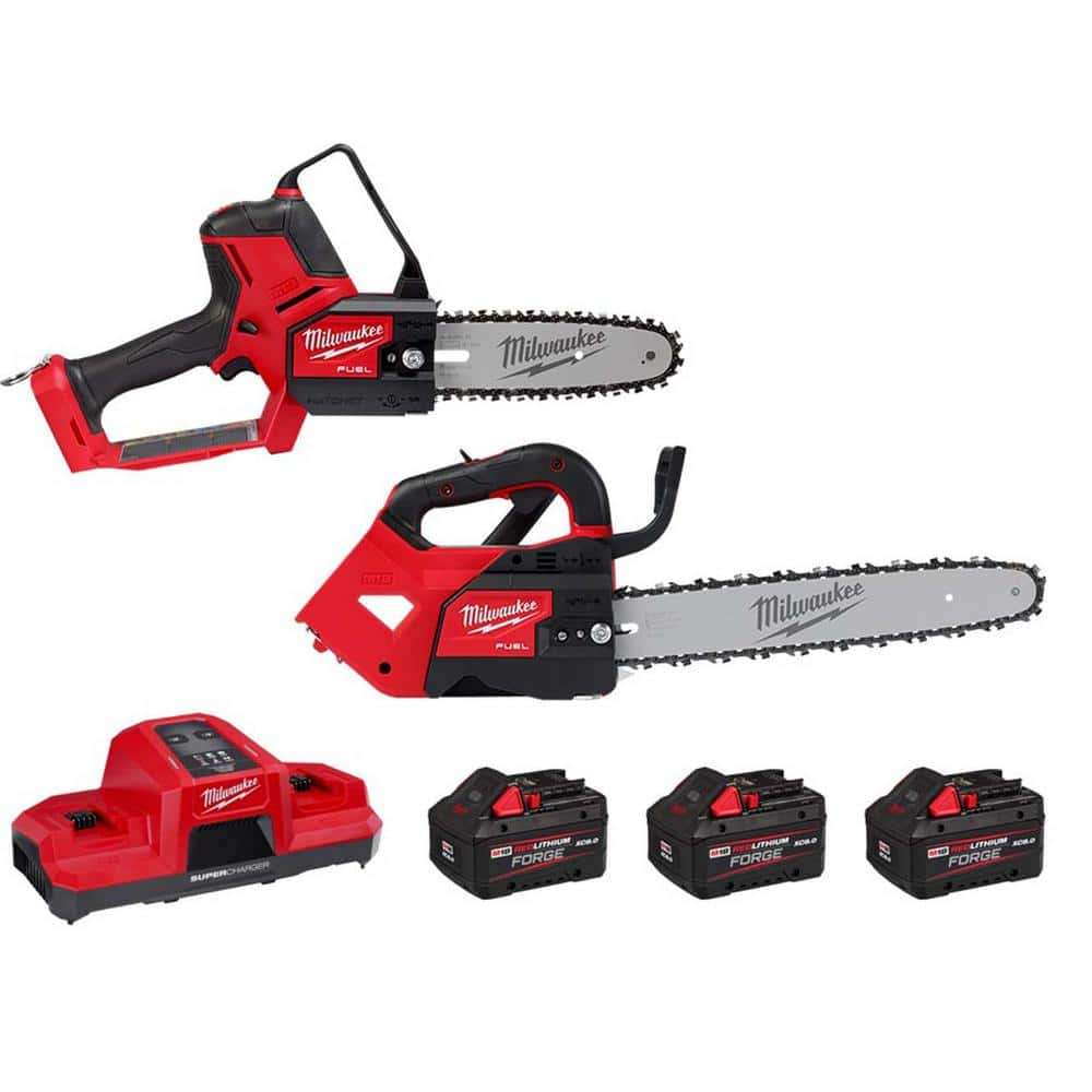 Milwaukee M18 FUEL 18V Brushless 8 in. HATCHET Pruning Saw Top Handle Chainsaw, (3) FORGE 8.0 Ah Battery, Dual Bay Super Charger