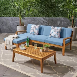 5-Piece Acacia Wood Outdoor Sectional Sofa Set, Includes Coffee Table, Ottoman with Water-Resistant Cushions, Blue