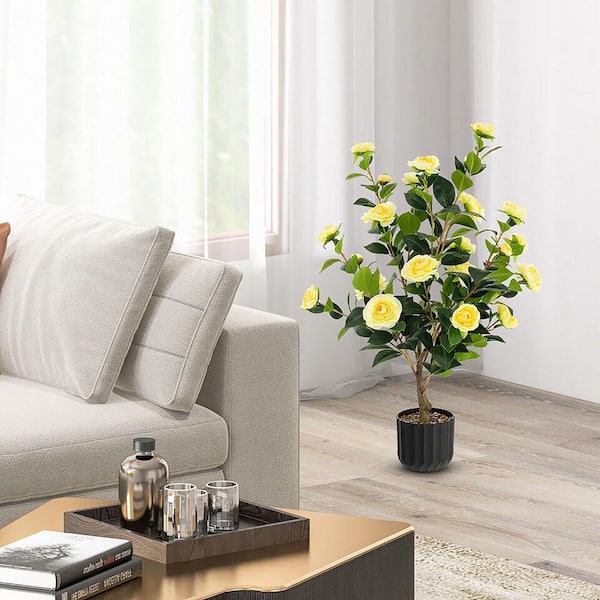Gymax 38 in. Yellow Artificial Camellia Tree Topiary Faux Floral