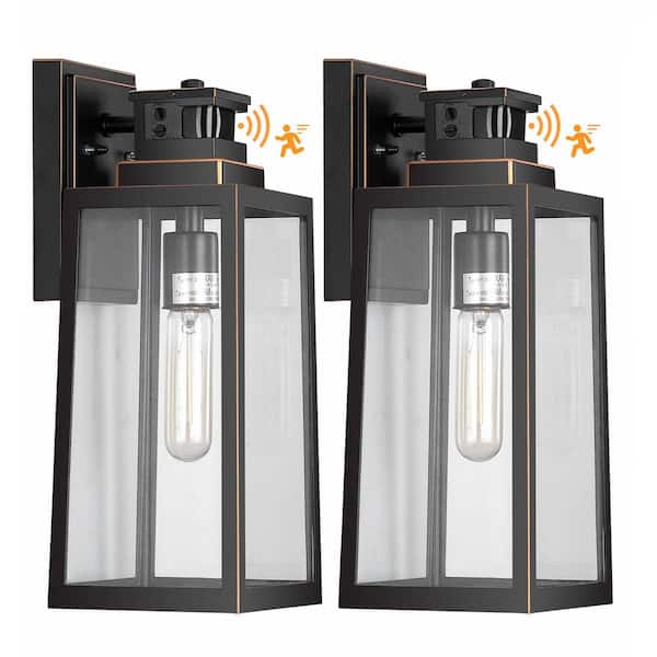HKMGT 14.2 in. Black Motion Sensing Dusk to Dawn Outdoor Hardwired Wall Lantern Sconce with No Bulbs Included