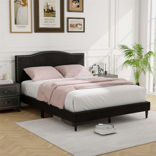 Black Wood Frame Queen Size Platform Bed with Nailhead Trim Headboard Wooden Slats Support