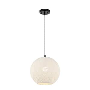 Lacey 12 in. 1-Light Bohemian Minimalist Iron/Rope Woven Globe LED Pendant Light, White/Black