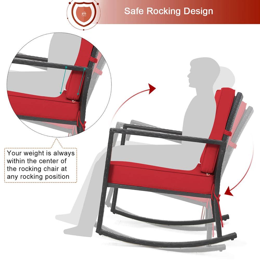 Red Cushioned Black Iron Outdoor Rocking Armchair Set