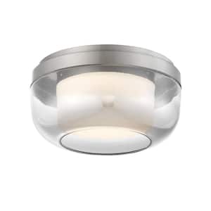 First Encounter 10 in. 1-Light Brushed Nickel LED Flush Mount with Etched White and Silver Gradient Outside Glass Shade
