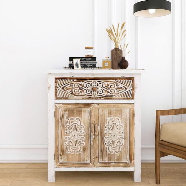 HBEZON JIM 27.56 in. W x 13.78 in. D x 30.71 in. H White MDF Freestanding Linen Cabinet with Drawer & Doors
