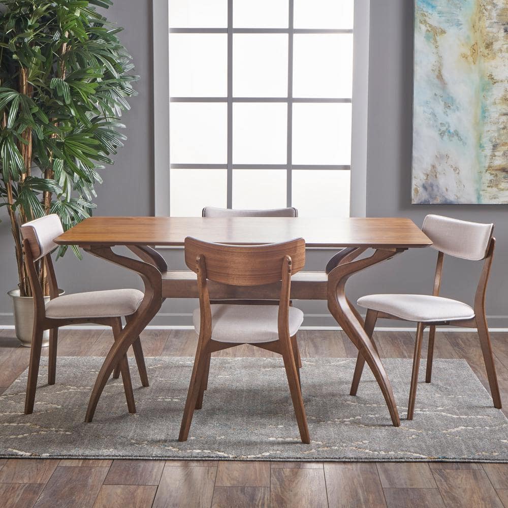 Nissie 5-Piece Natural Walnut and Light Beige Dining Set