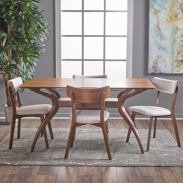 Noble House Nissie 5-Piece Natural Walnut and Light Beige Dining Set
