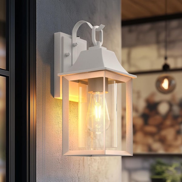 Decorators 14 in. E26 White Farmhouse Cylinder Dusk to Dawn Outdoor Hardwired Cylinder Glass Sconce
