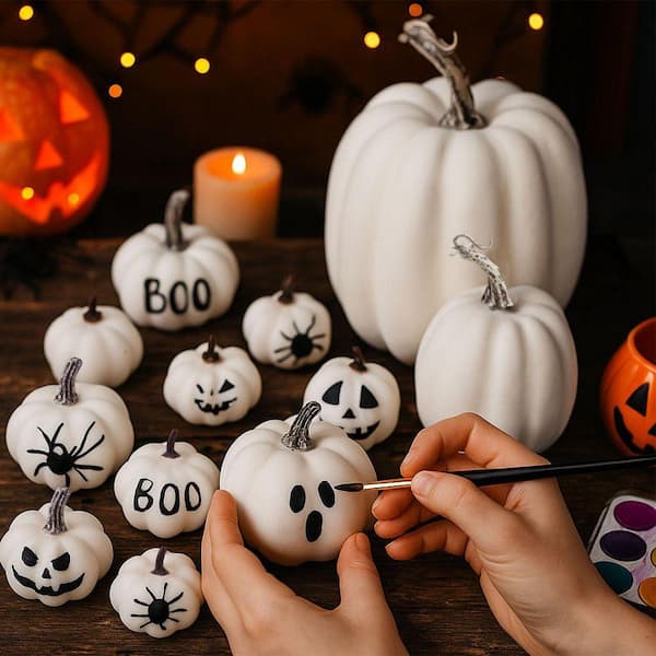 16 Piece 5.5 in. White Artificial Plant Faux Pumpkin Set for Fall