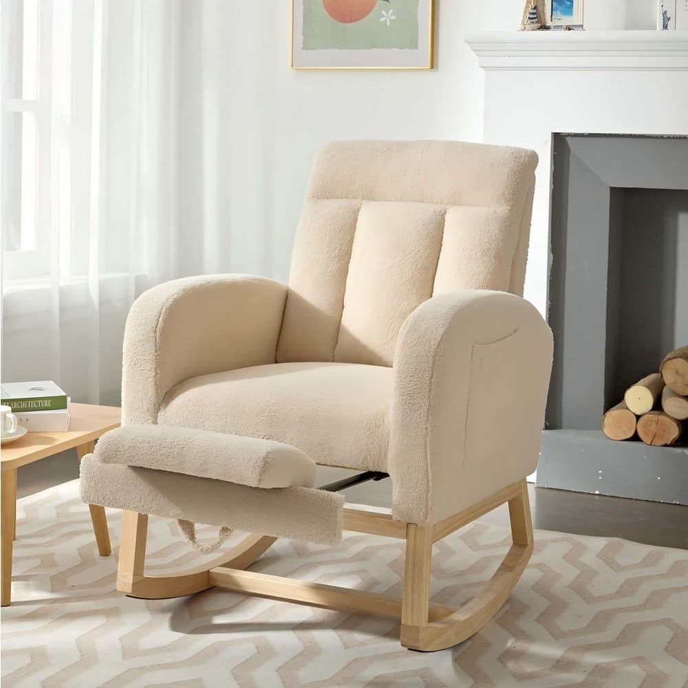 Beige Teddy Modern Rocking Chair Upholstered Accent Glider Rocker Reading A