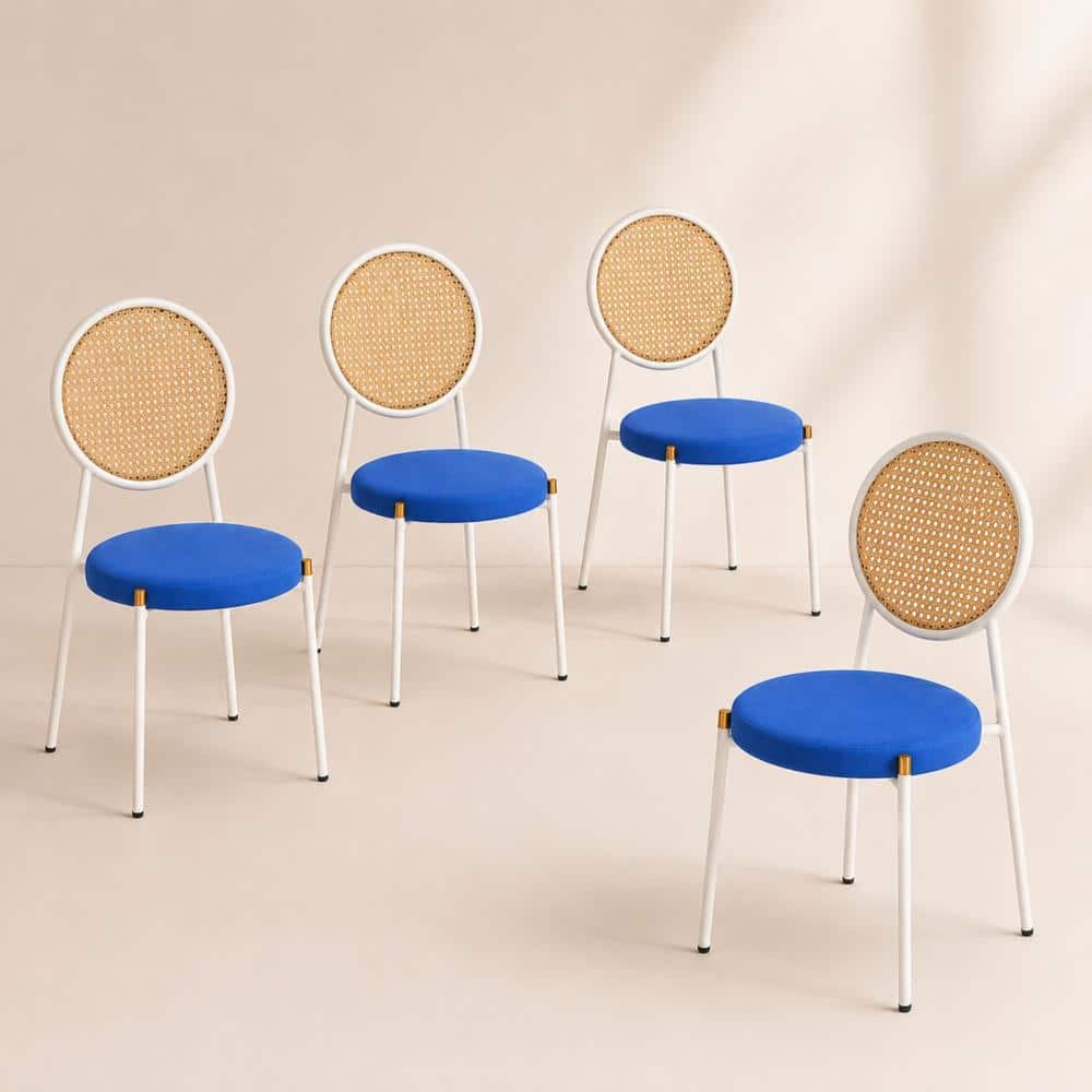 Euston (Set of 4) Modern Velvet Dining Chair Woven Rattan Back White Frame Gold Tip Legs - Navy Blue