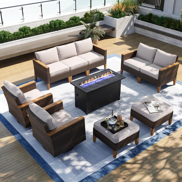 PHI VILLA Brown Rattan Wicker 9-Seat 10-Piece Steel Outdoor Fire Pit Patio Set with Beige Cushions, 2 Swivel Sofas and 2 Ottomans
