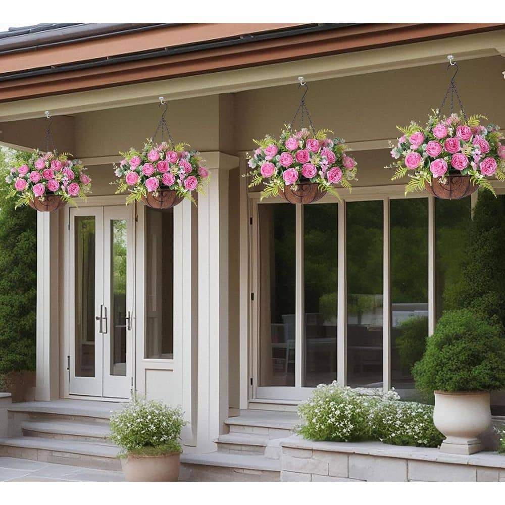 21.3 in. Pink Indoor Artificial Rose Flowers in Brown Basket