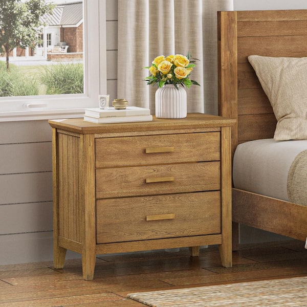 Lessio Light Brown 3-Drawer 25.8 in W Solid Wood Nightstand Bedside Table with Vintage Brass Handles