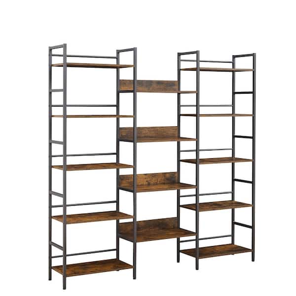Unbranded 69.3 in. W 70.1 in. H x 11.8 in. D Steel Framed Wood Rectangular Shelf Triple 5-Tier Bookcase in Brown