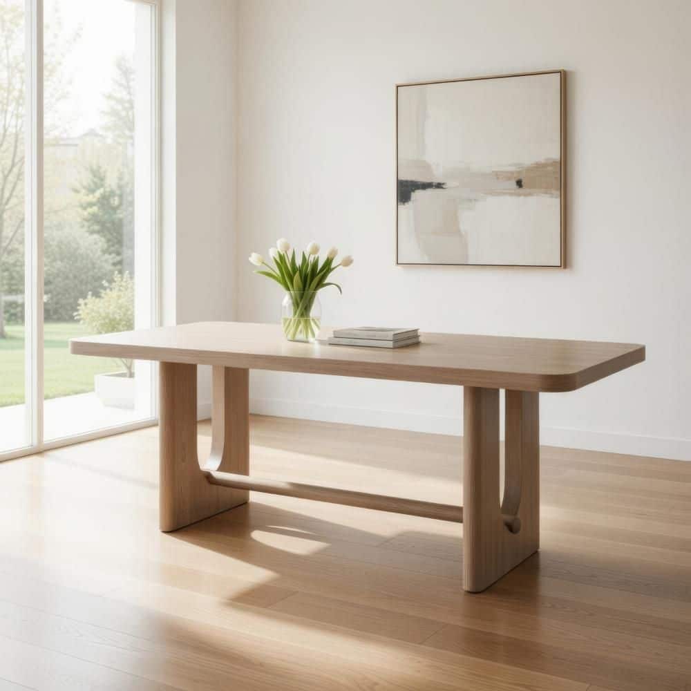 Benjara Zoko White Wash Wood 83 in. Trestle Dining Table Seating