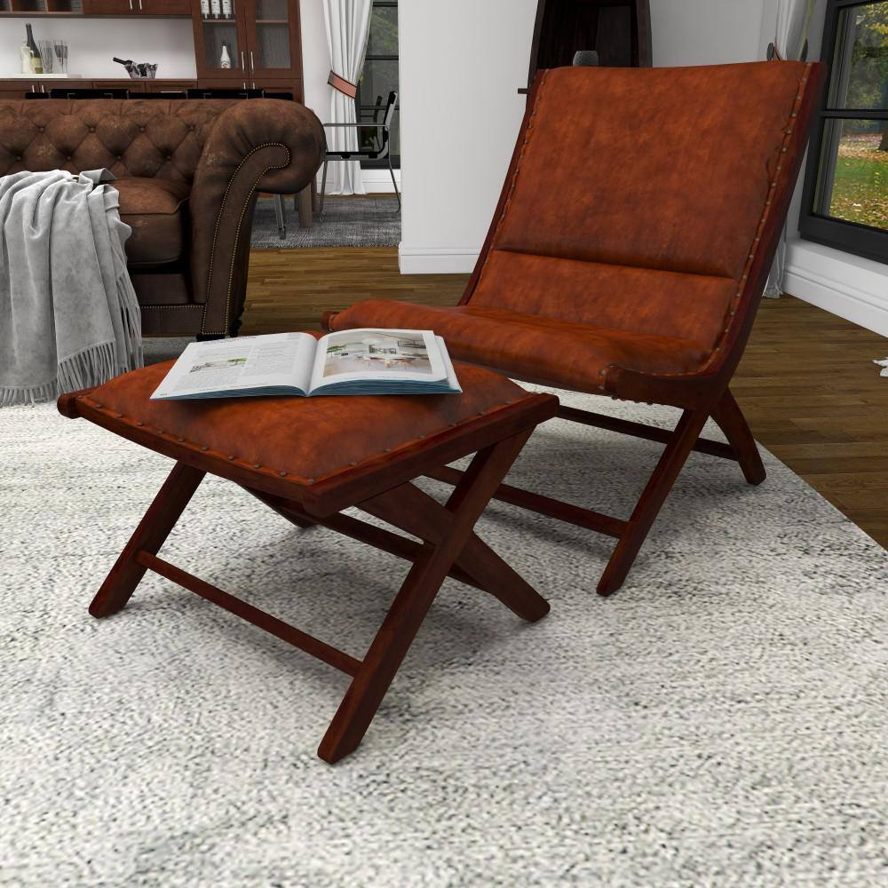 Set of 2 Brown Teak Wood Leather Accent Chairs with Ottoman