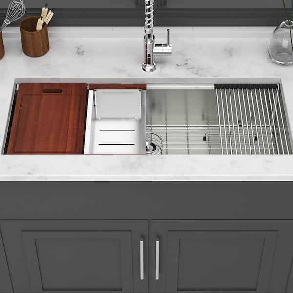 45 in. Undermount Single Bowl 16 Gauge Brushed Nickel Stainless Steel Kitchen Sink with Workstation