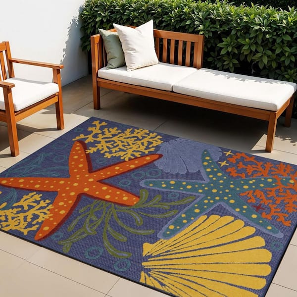 Orange, Green, Blue 4 ft. x  6 ft. Loomed Animal Print Polypropylene Runner Indoor/Outdoor Area Rug