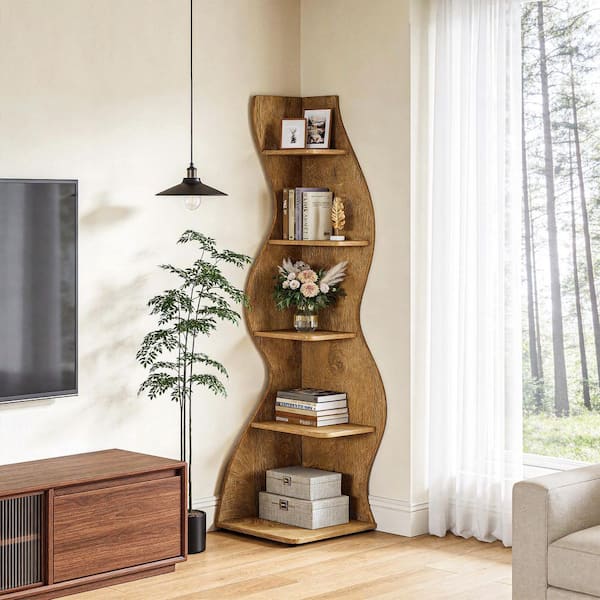 70 in. Tall Brown Wood 5-Shelf Corner Bookcase with Ample Storage and Space-Saving Design for Living Room, Office