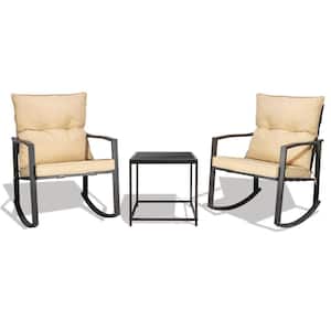 Black 3-Pieces Metal Patio Rocking Chair Set, Conversation Sets with Tempered-Glass Table, Sand Cushions