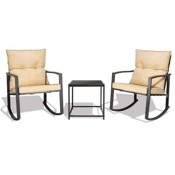 Amagenix Black 3-Pieces Metal Patio Rocking Chair Set, Conversation Sets with Tempered-Glass Table, Sand Cushions