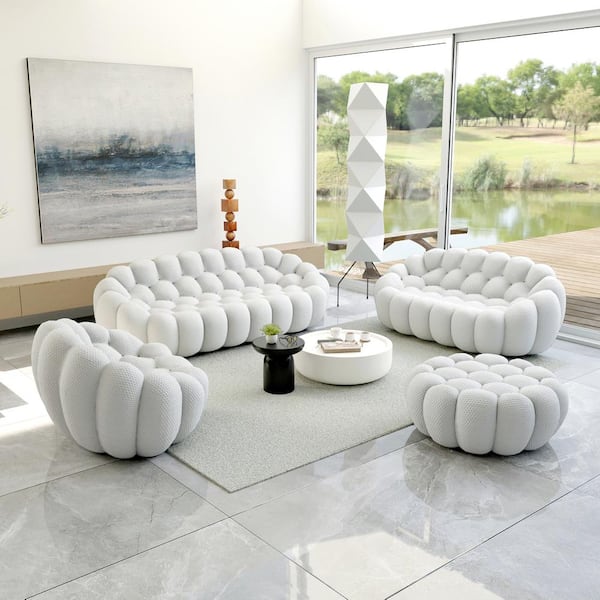 (Set of 4) Bubble Curved Sofa, 98 in. Mesh Fabric Modern 3-Seater Sectional Sofa Set with Chair Loveseat Ottoman in Gray