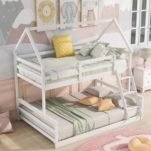 White Twin Over Full Wood House Bunk Bed with Triangle Roof, Farmhouse Style Low Kids Bunk Beds, No Box Spring Needed