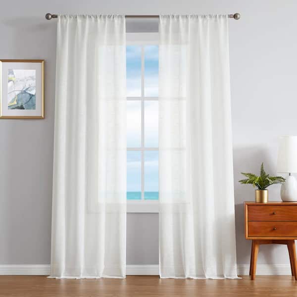 Nautica Erasmus White Faux Linen 38 in. W x 96 in. L Rod Pocket Sheer Window Curtains (2-Panels)