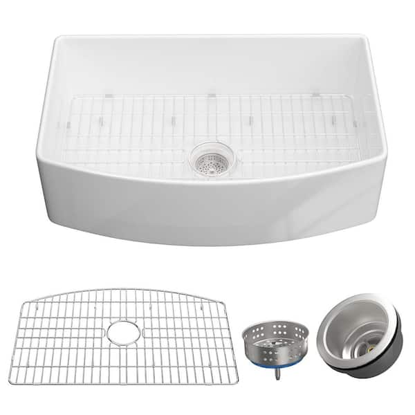 FAMYYT 30 in. Farmhouse Apron Single Bowl White Fireclay Kitchen Sink with Bottom Grid and Strainer