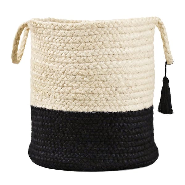 Unbranded Amara Two-Tone Off-White / Black 17 in. Jute Decorative Storage Basket with Handles