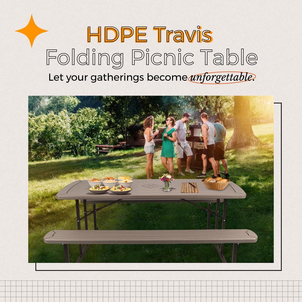 Travis 72" Brown Polypropylene Folding Picnic Table with Benches