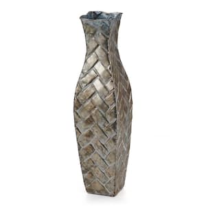 Embossed Champagne Weave Metal Vase for Dried Flower and Artificial Floral Arrangements, 17-Inch