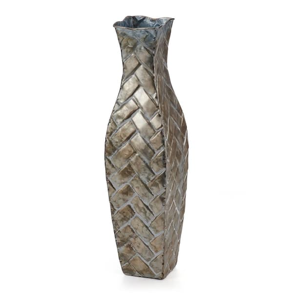 Elements Embossed Champagne Weave Metal Vase for Dried Flower and Artificial Floral Arrangements, 17-Inch