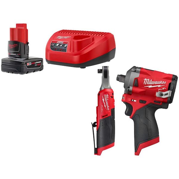 Milwaukee M12 12V Lithium-Ion XC 4.0 Battery & Charger Starter Kit with High Speed 3/8 in. Ratchet & Stubby 1/2 in. Impact Wrench