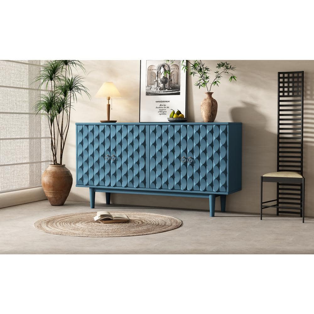 Modern Blue Wood 60.70 in W Sideboard with 4 Convex Pattern Doors and 2 Sil