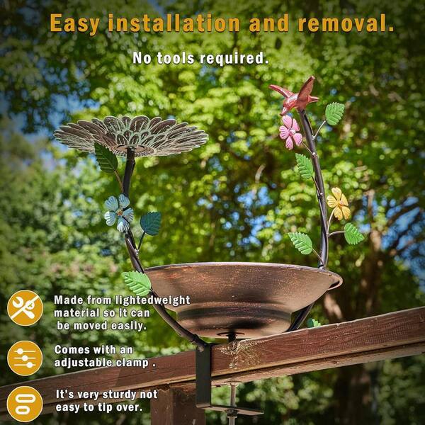 Solar Deck Bird Bath With Fountain – Railing Mounted, 11.8” Bowl, Metal Base, Lotus Nozzle For Garden, Patio, Attracting Birds