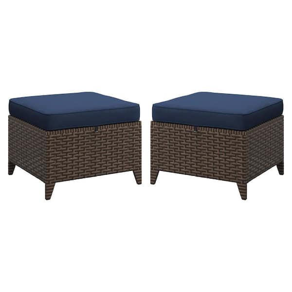 LATTOY Wicker Outdoor Patio Ottoman with Blue Cushions (Set of 2)