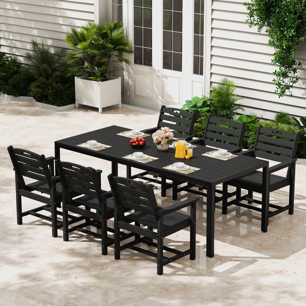 7-Piece Metal Outdoor Dining Set with 6 HDPE Patio Chairs and Rectangular Table, Patio Dining Table Set for 6