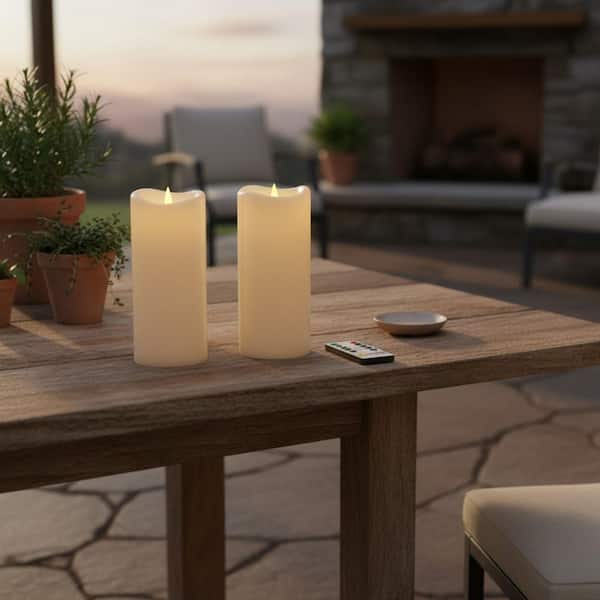 Ivory White Battery Operated Pillar Flameless Candles with Timer and Remote, Waterproof (Set of 2)