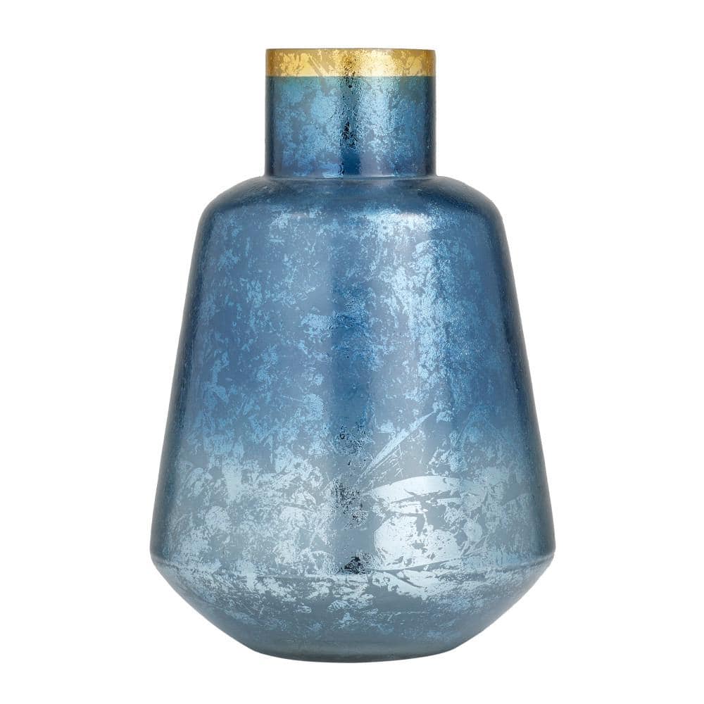 Elegant Blue and Silver-White Glass Vase with Gold Rim Accent, 14"